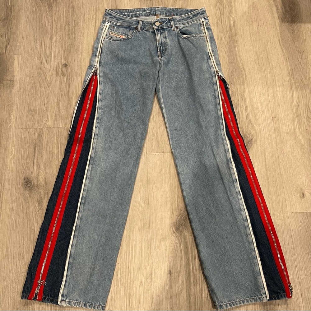 DIESEL SIDE ZIPPER JEANS | Red and Blue